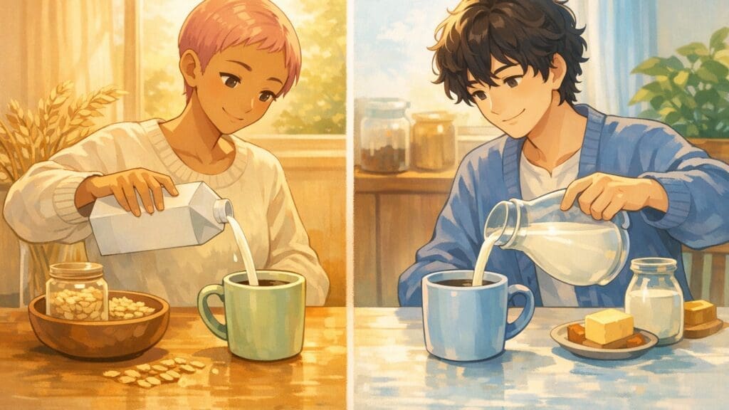 Cozy anime illustration comparing oat milk and dairy milk in coffee