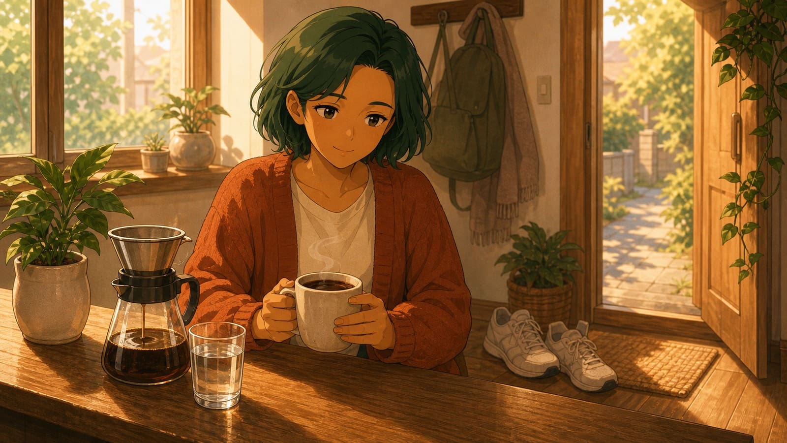 Anime-style illustration of a simple repeatable morning coffee routine