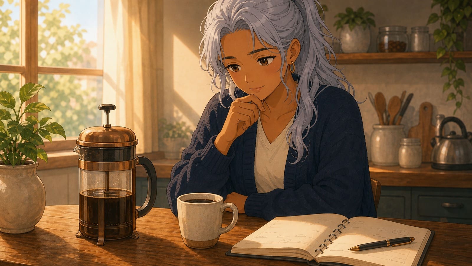 Anime-style illustration of a French press coffee baseline routine with a blank journal