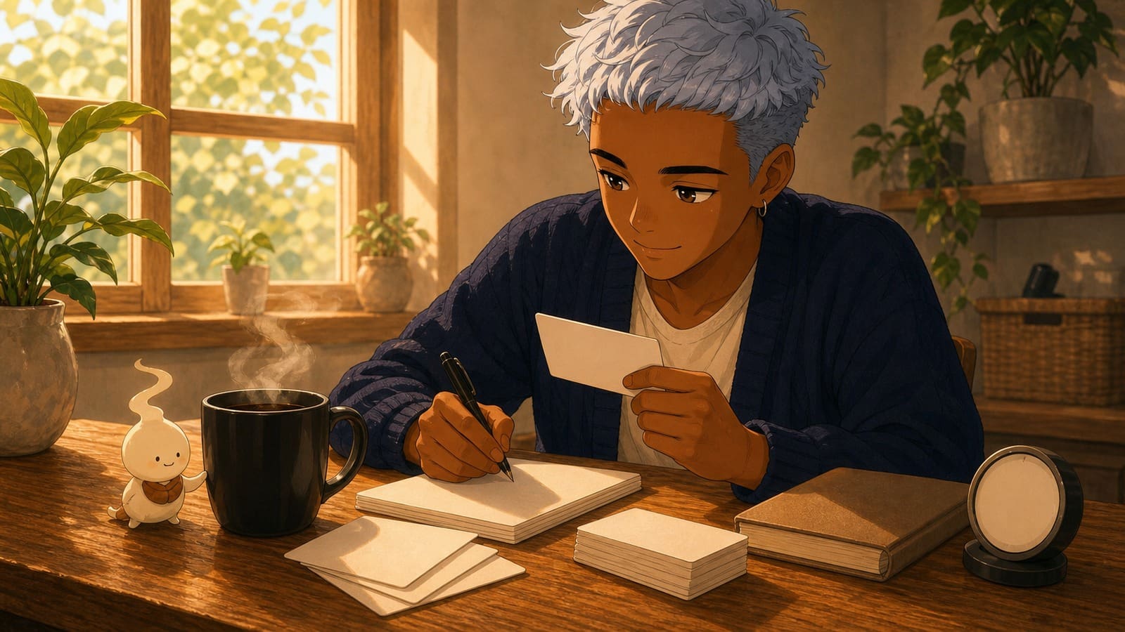 Cozy anime illustration of coffee beside a study routine