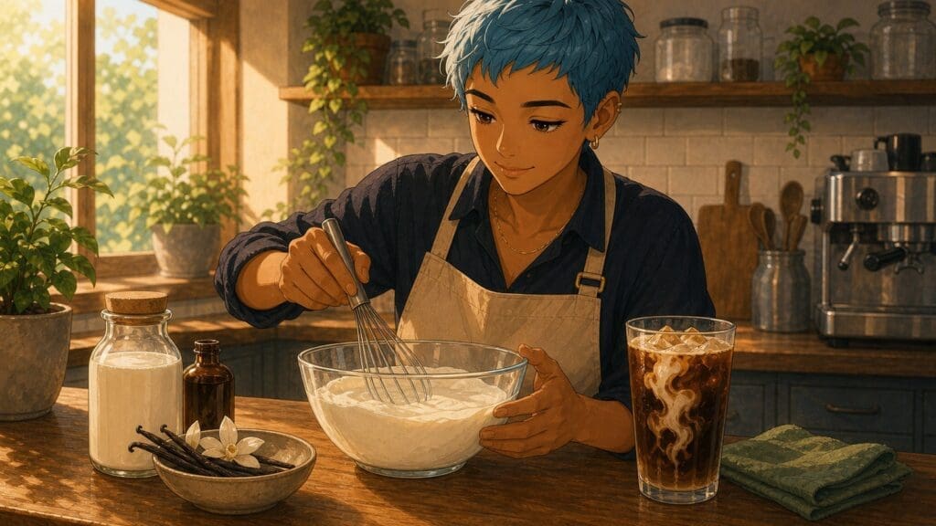 Cozy anime illustration of vanilla sweet cream for coffee