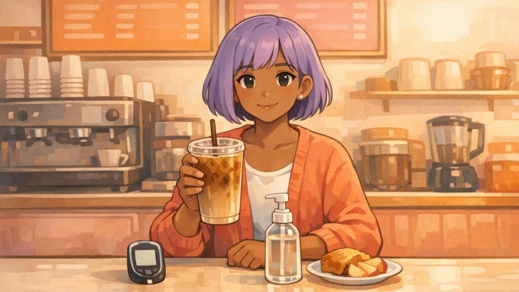 Cozy anime illustration of a sugar-free iced coffee order with diabetes-friendly cues