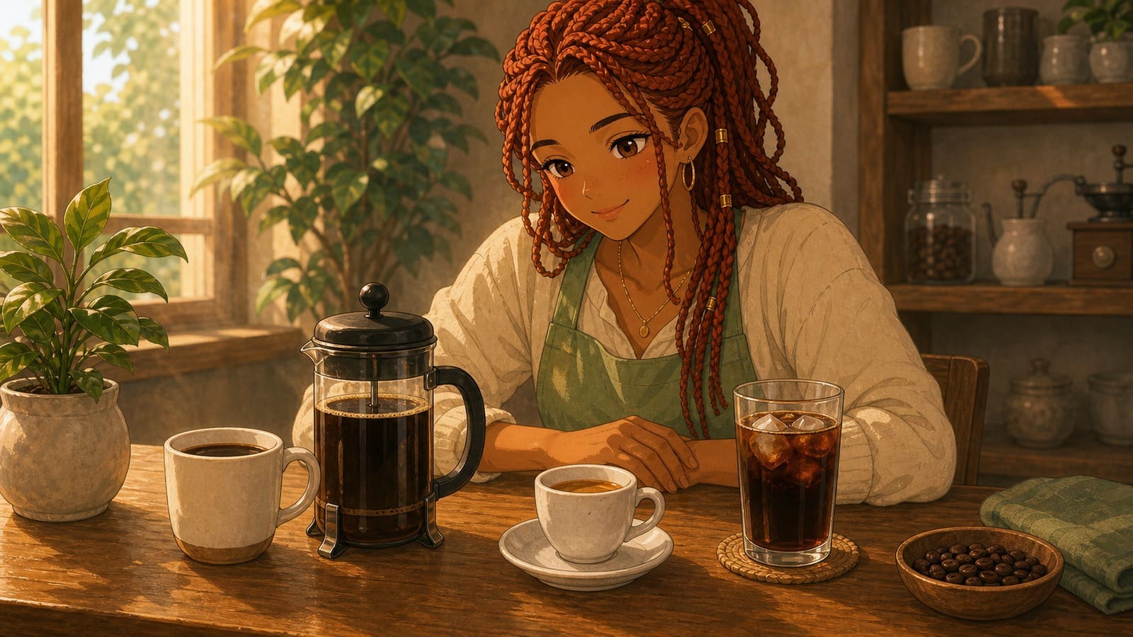 Anime-style illustration of several coffee brewing methods arranged as one consistent daily habit