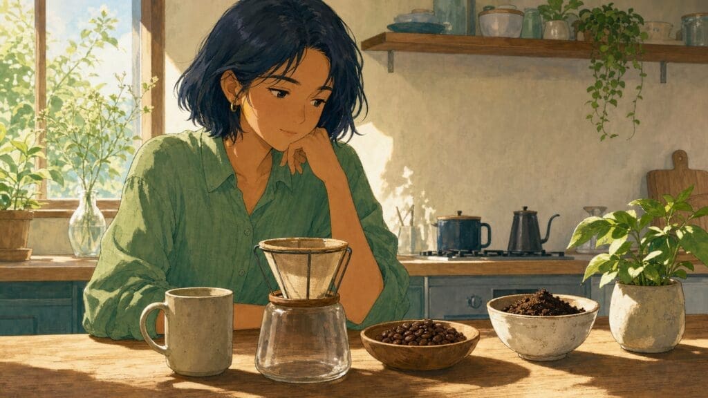 Cozy anime illustration of a mindful morning coffee routine with reusable tools