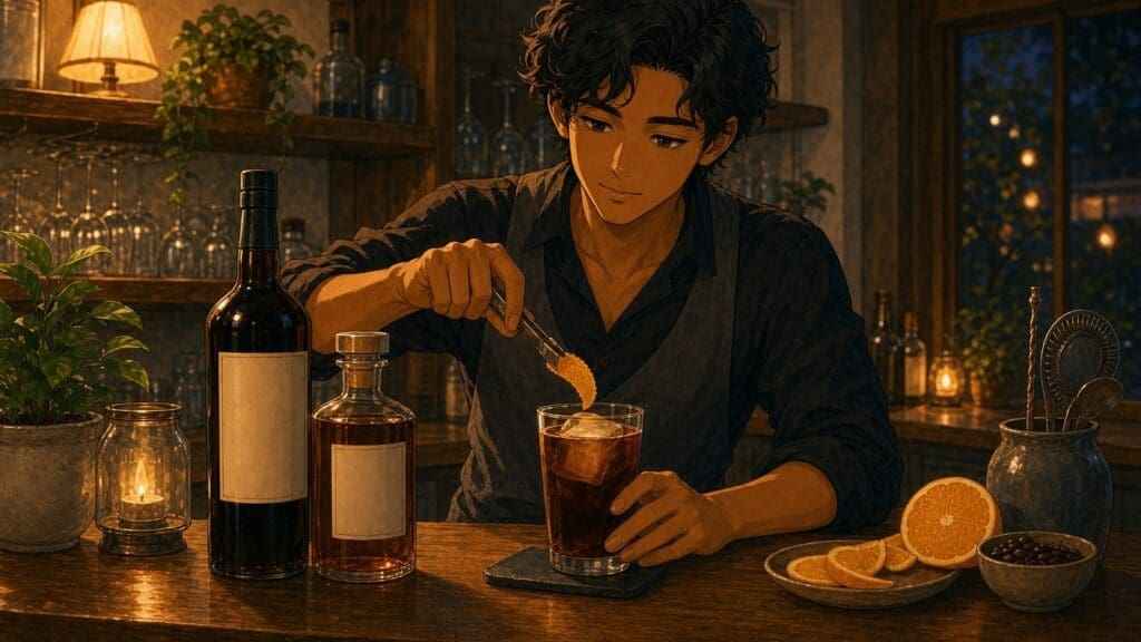 Cozy anime illustration of a coffee liqueur cocktail with orange peel