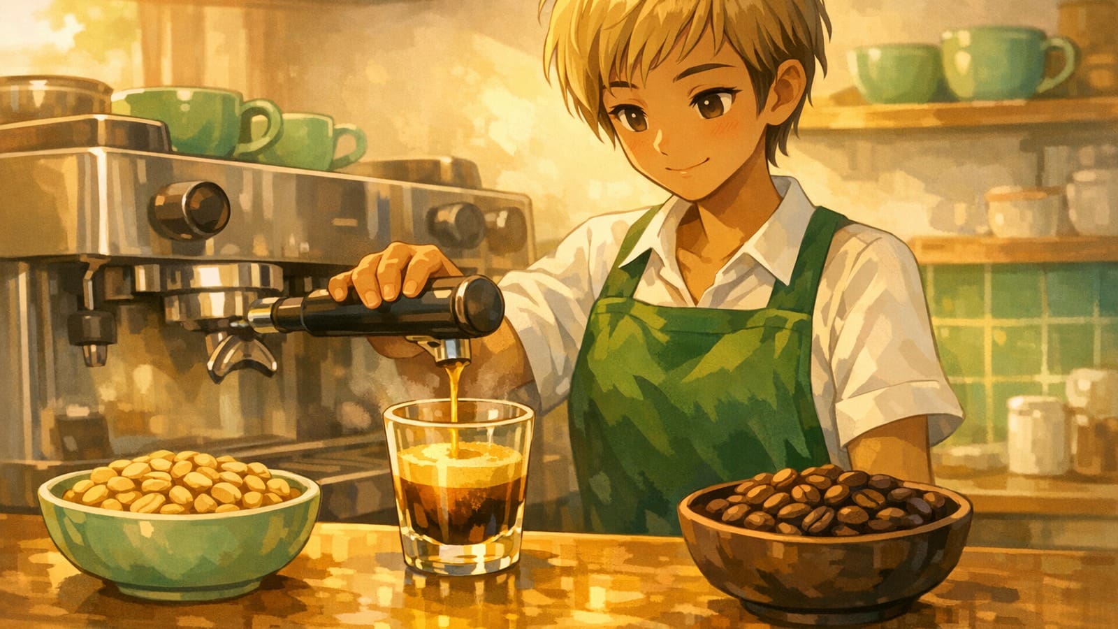 Cozy anime illustration of blonde espresso with light roasted beans
