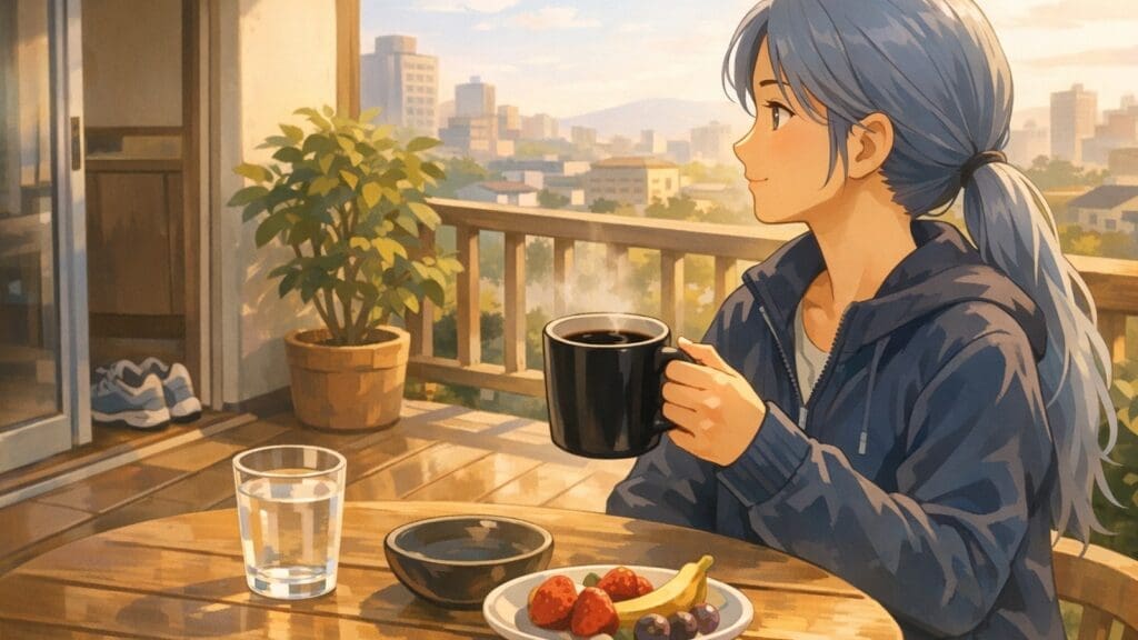 Cozy anime illustration of plain black coffee as part of a balanced morning routine