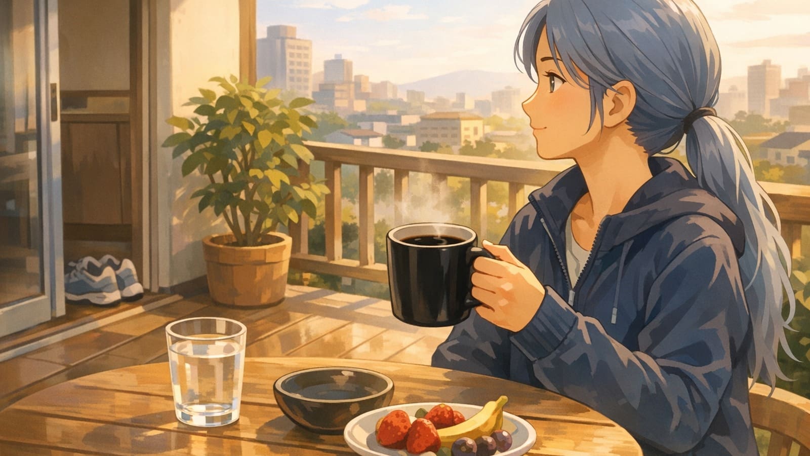 Cozy anime illustration of plain black coffee as part of a balanced morning routine