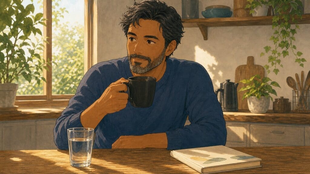 Cozy anime illustration of coffee and a calm men's health routine