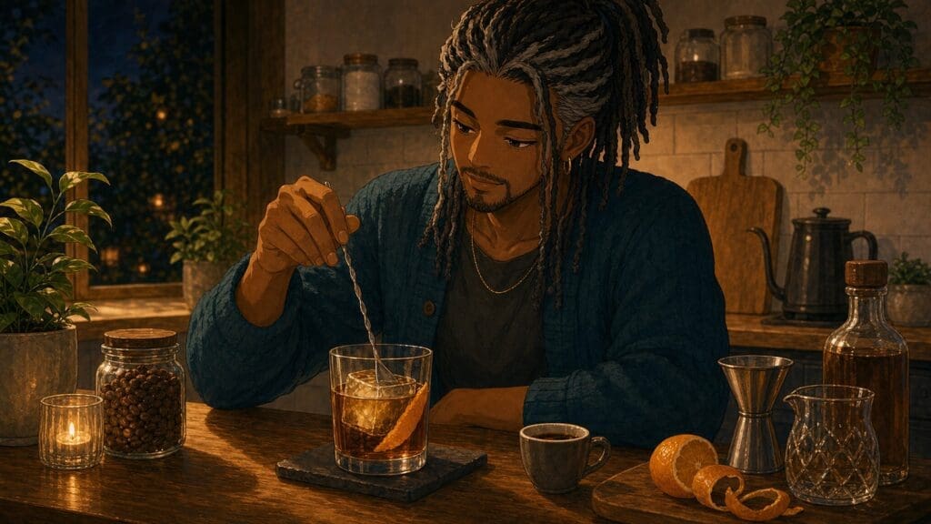 Cozy anime illustration of a coffee old fashioned cocktail with ice
