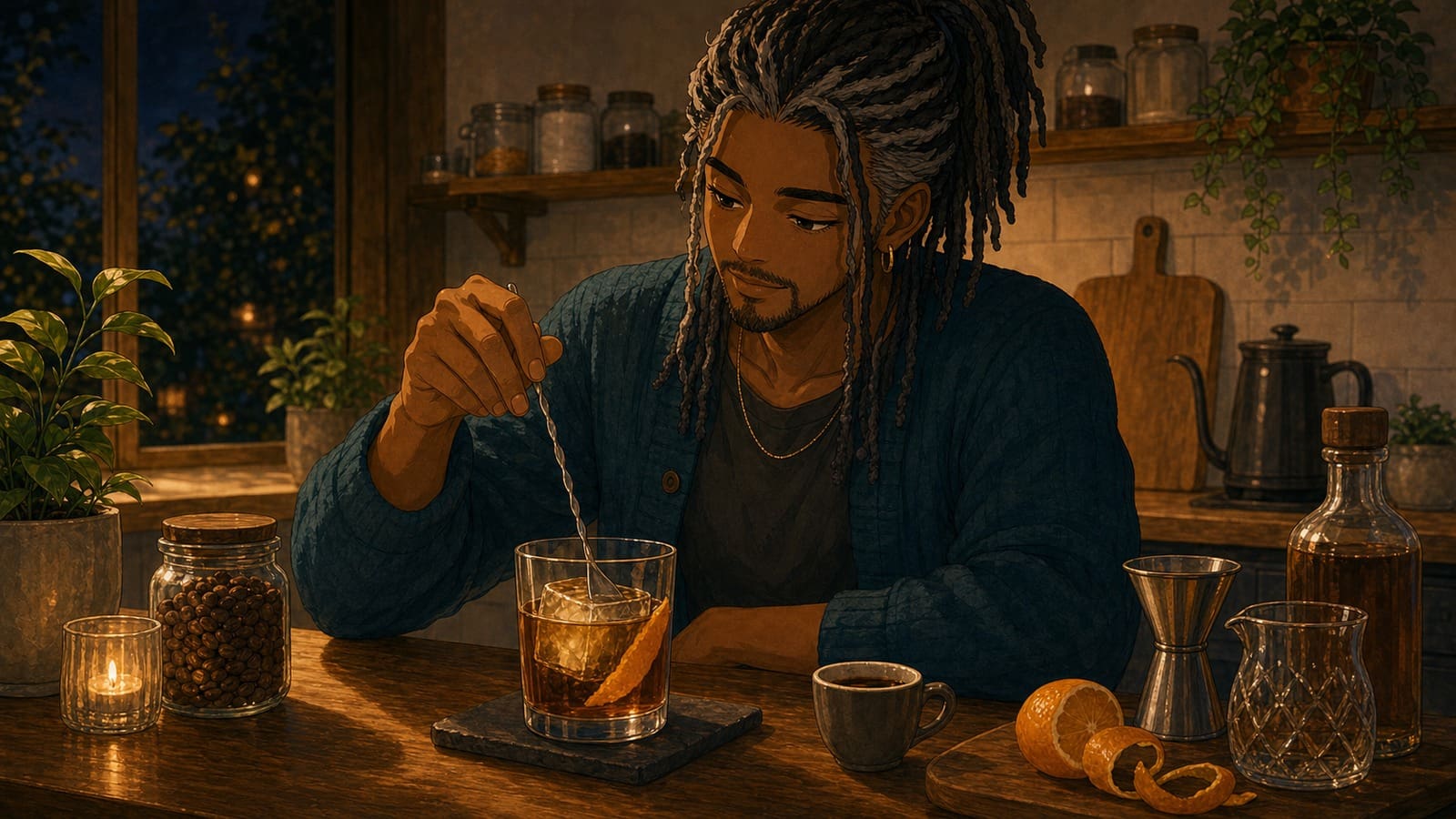 Cozy anime illustration of a coffee old fashioned cocktail with ice