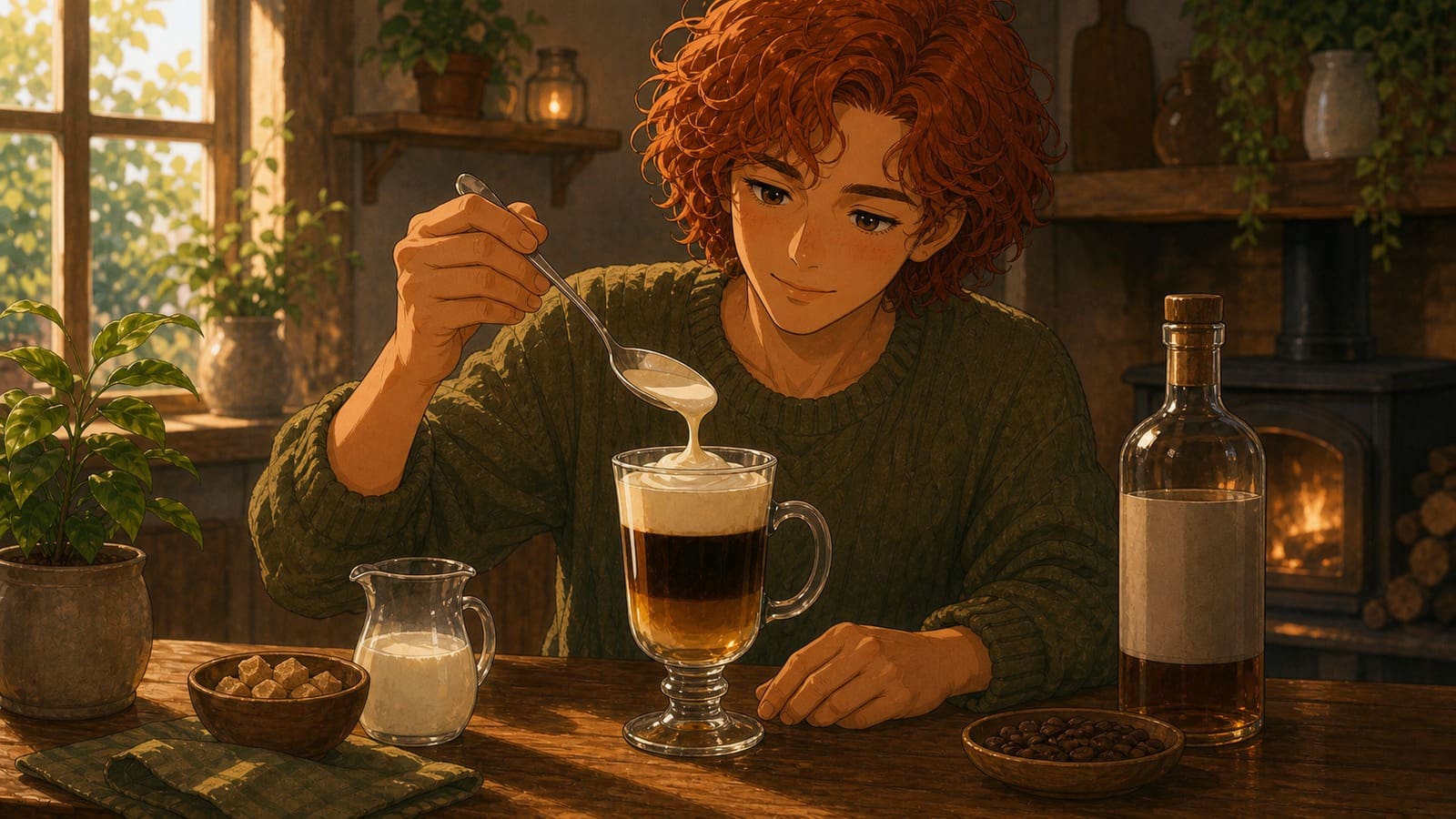 Cozy anime illustration of layered Irish coffee with cream