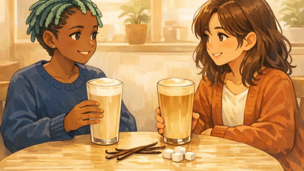Cozy anime illustration comparing skinny vanilla latte and regular vanilla latte