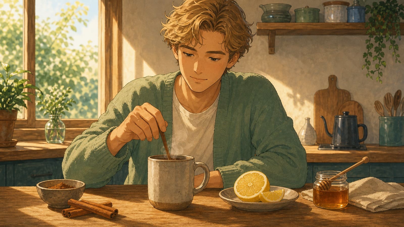 Cozy anime illustration of a morning metabolism coffee routine