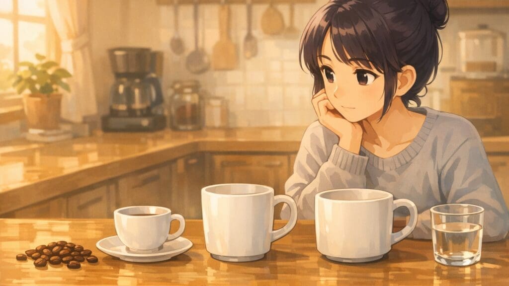 Cozy anime illustration of different coffee cup sizes for caffeine awareness