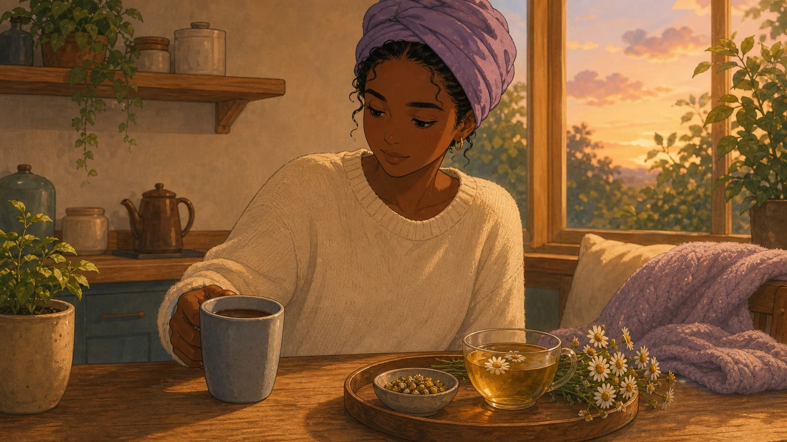 Cozy anime illustration of coffee timing and a peaceful sleep routine