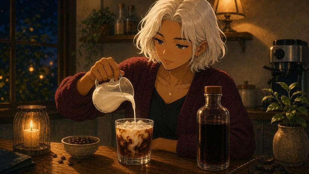 Cozy anime illustration of a creamy white Russian coffee cocktail