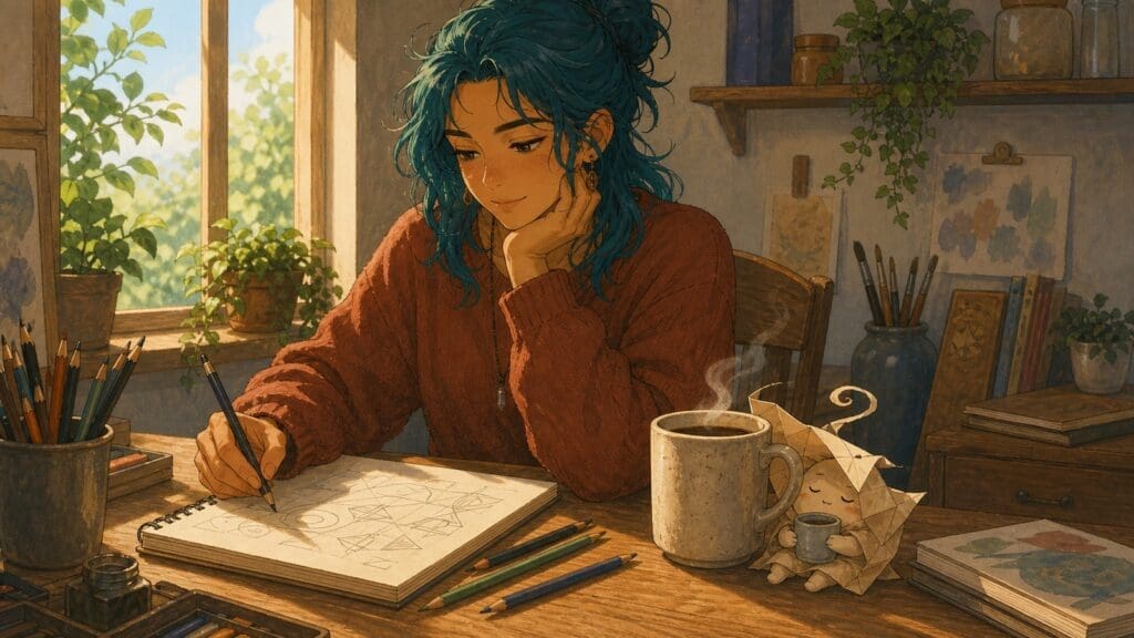 Cozy anime illustration of coffee beside a creative morning ritual