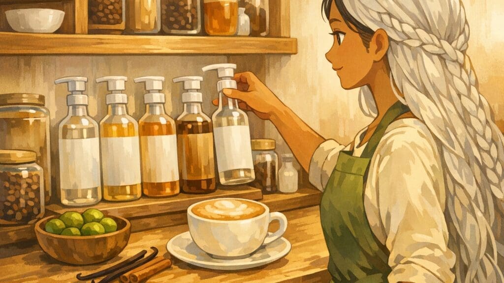Cozy anime illustration of sugar-free coffee syrups beside a latte