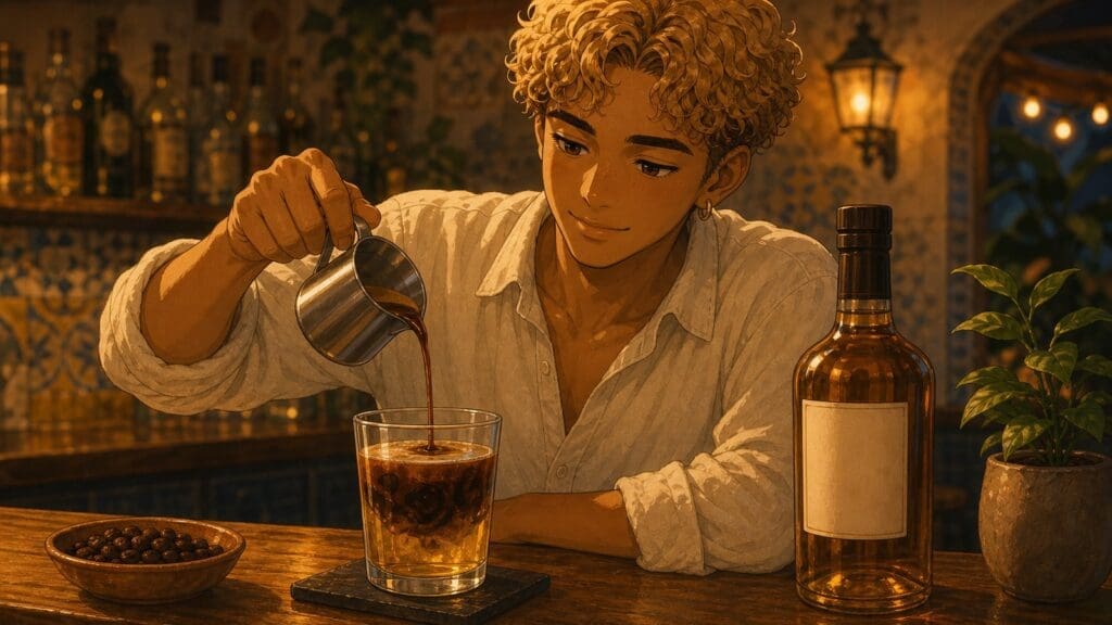 Cozy anime illustration of a carajillo coffee cocktail with espresso