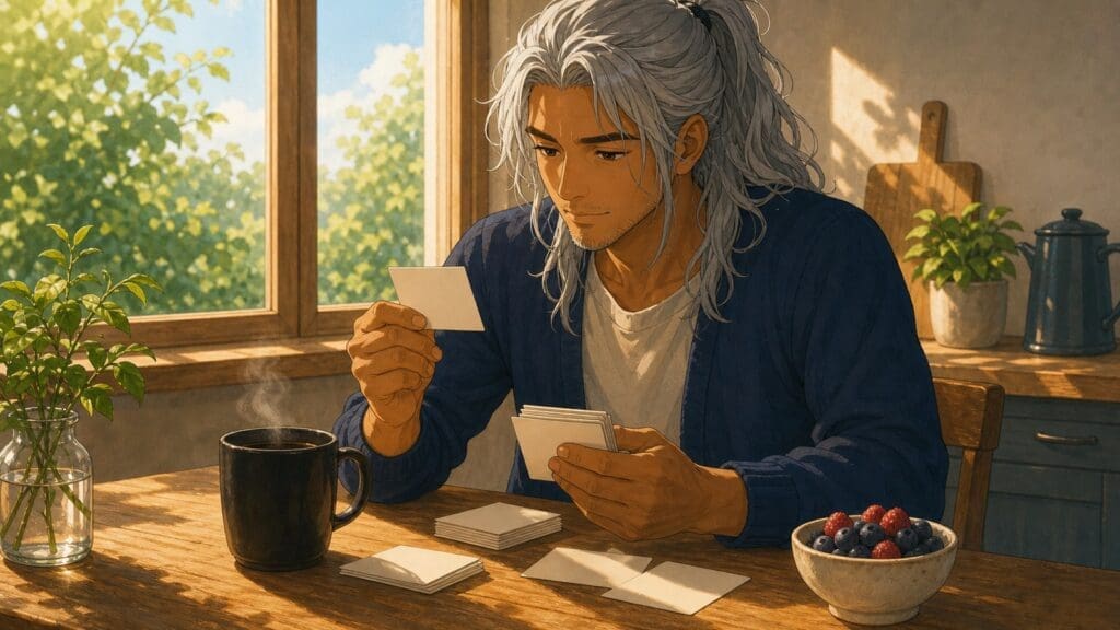 Cozy anime illustration of coffee and memory practice cards