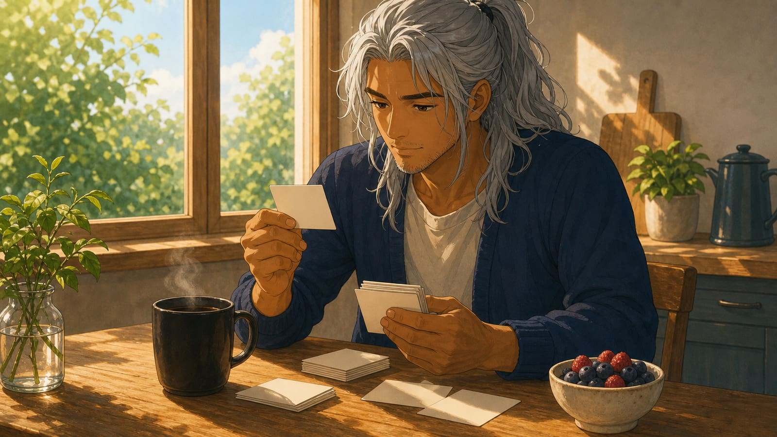 Cozy anime illustration of coffee and memory practice cards