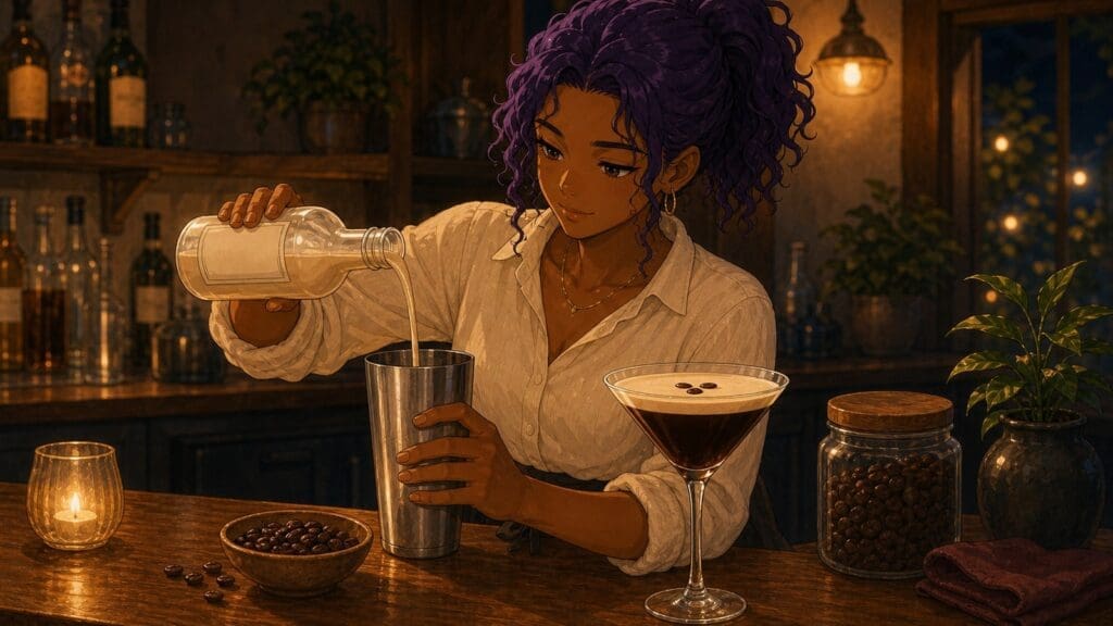 Cozy anime illustration of a creamy espresso martini with coffee beans