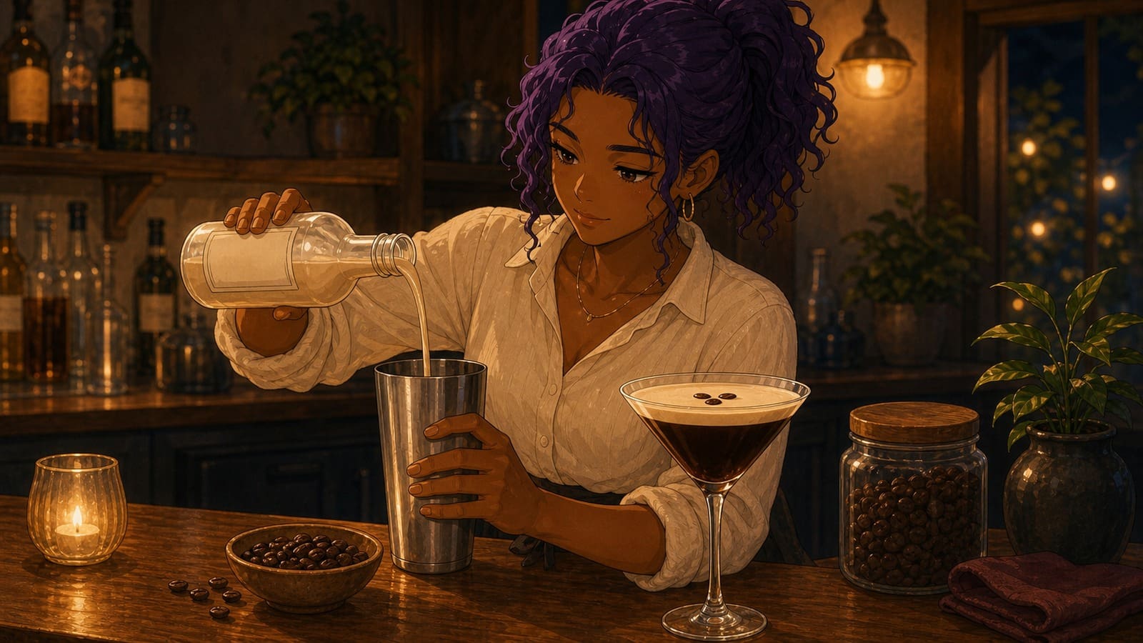 Cozy anime illustration of a creamy espresso martini with coffee beans