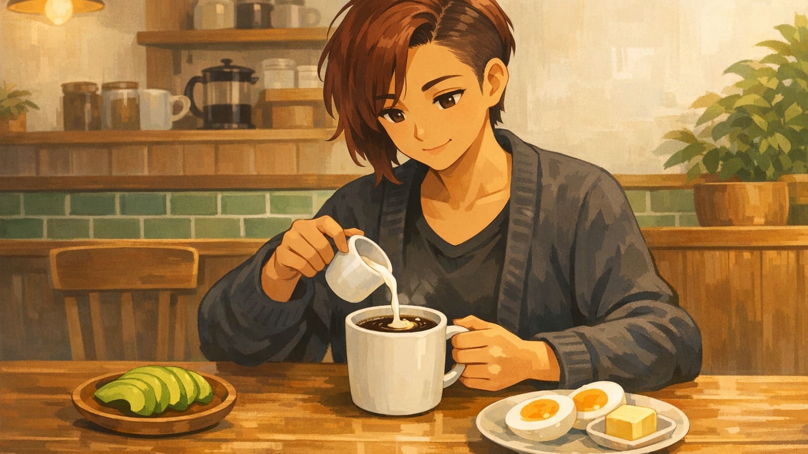 Cozy anime illustration of keto coffee with cream and low-carb cues
