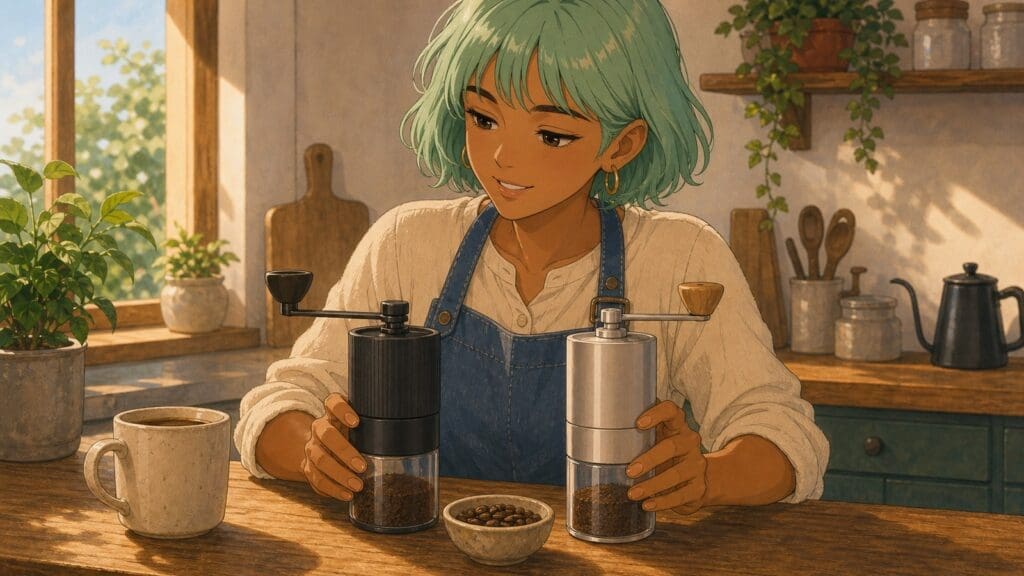 Cozy anime illustration of affordable coffee grinders on a kitchen counter