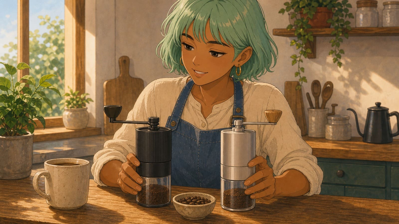 Cozy anime illustration of affordable coffee grinders on a kitchen counter