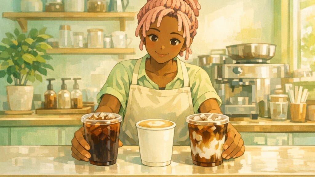 Cozy anime illustration of light low-calorie coffee drinks on a cafe counter