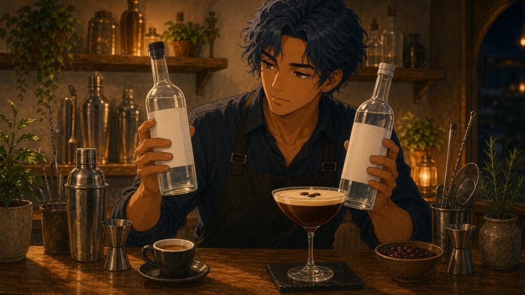 Cozy anime illustration of choosing vodka for an espresso martini