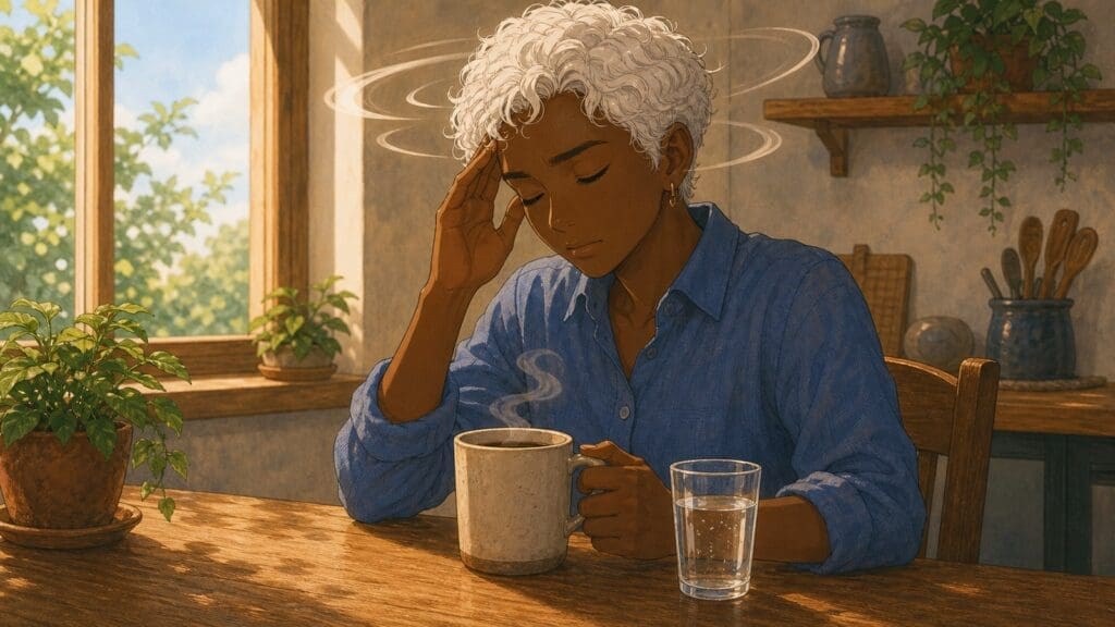 Cozy anime illustration of coffee, water, and a calm hydration routine