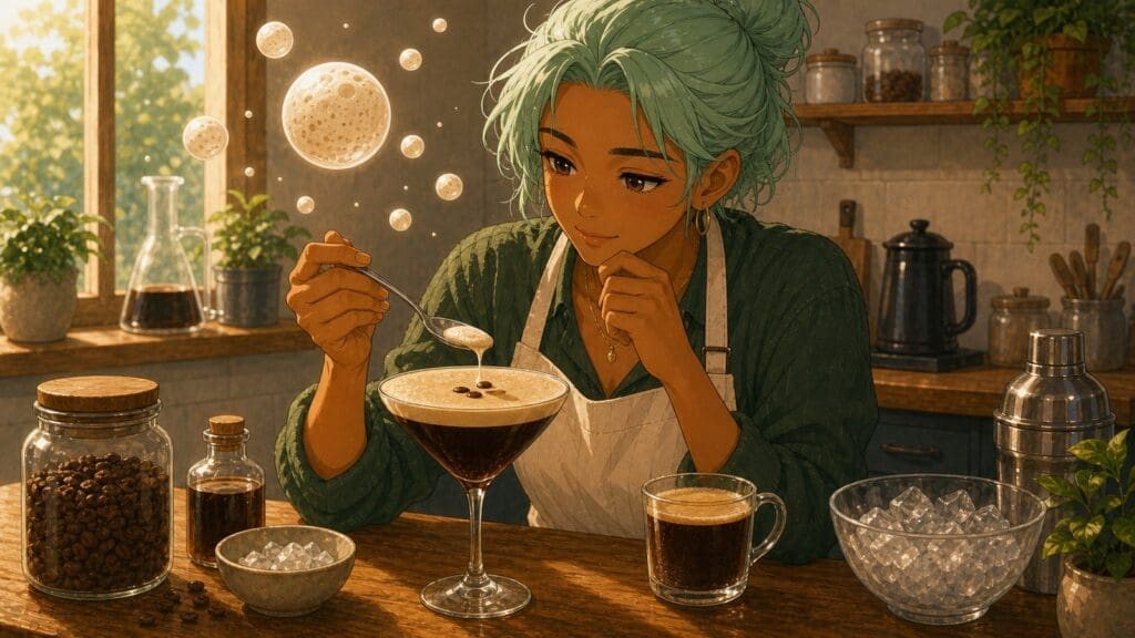 Cozy anime illustration of espresso martini foam being studied