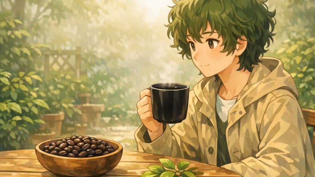 Cozy anime illustration of low-acid black coffee and smooth dark beans