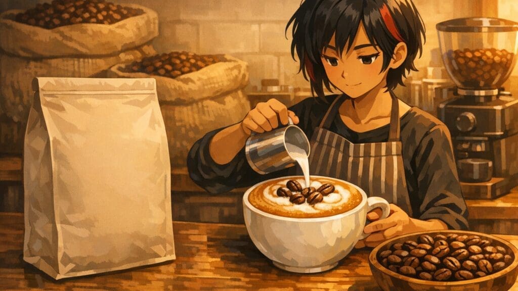 Cozy anime illustration of cappuccino beans and milk foam
