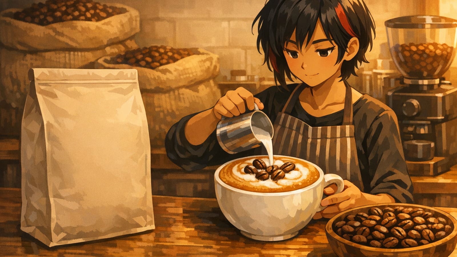 Cozy anime illustration of cappuccino beans and milk foam