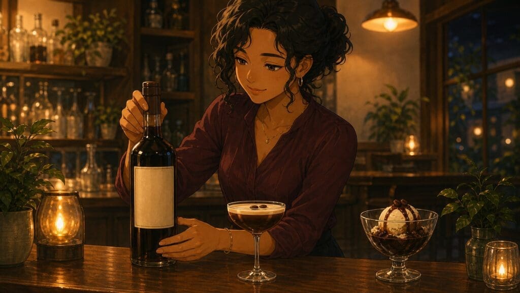 Cozy anime illustration of coffee liqueur with cocktails and dessert