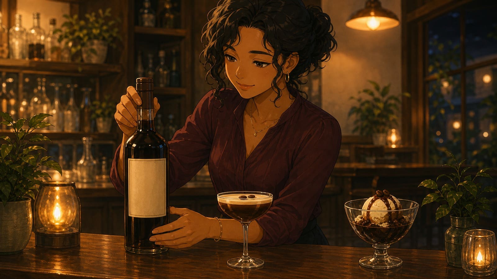 Cozy anime illustration of coffee liqueur with cocktails and dessert