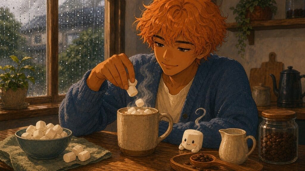 Cozy anime illustration of marshmallow coffee in a warm mug