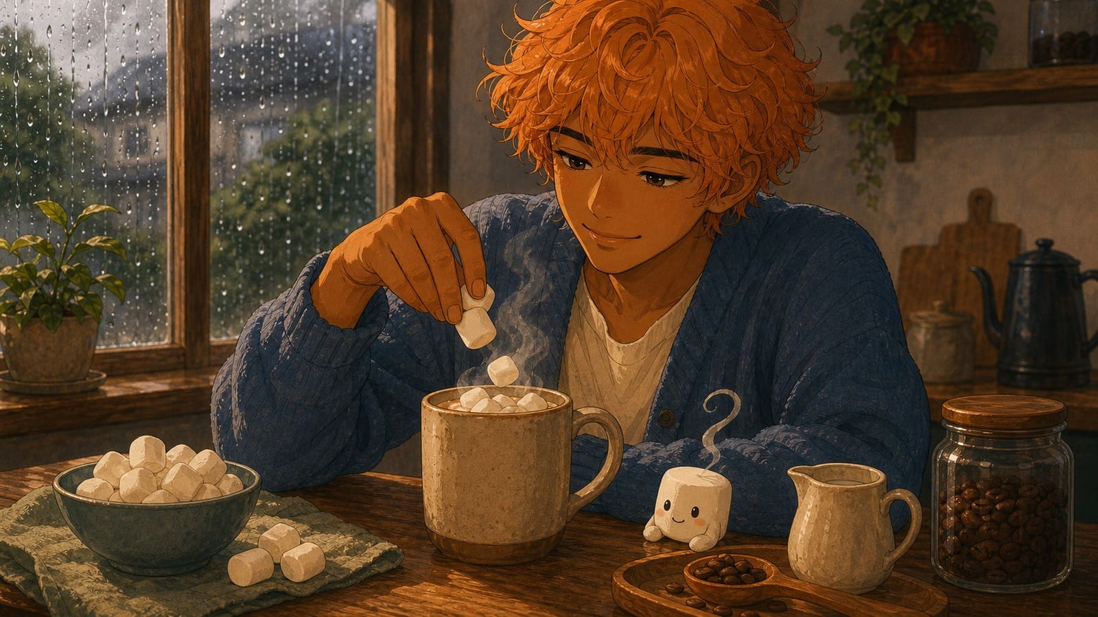 Cozy anime illustration of marshmallow coffee in a warm mug