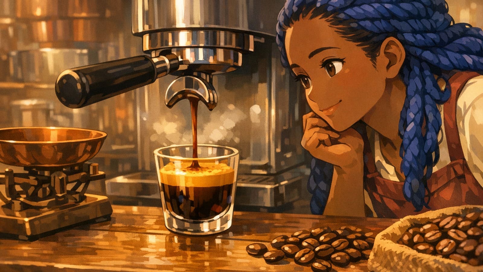 Cozy anime illustration of espresso beans, crema, body, and balance