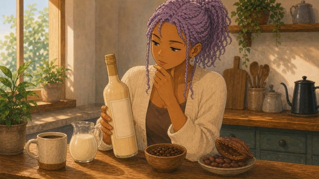 Cozy anime illustration of cream liqueur and coffee ingredients