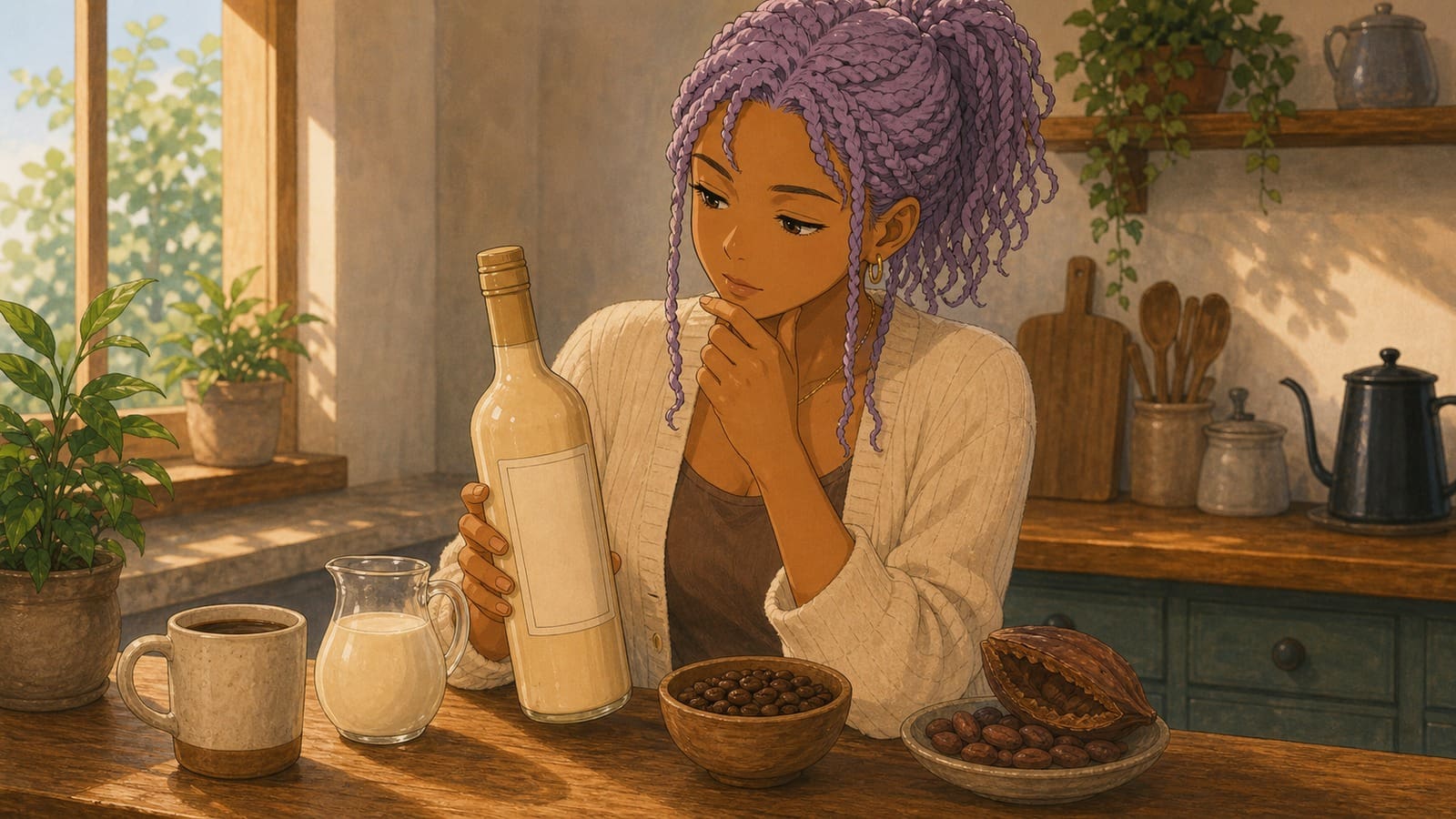 Cozy anime illustration of cream liqueur and coffee ingredients