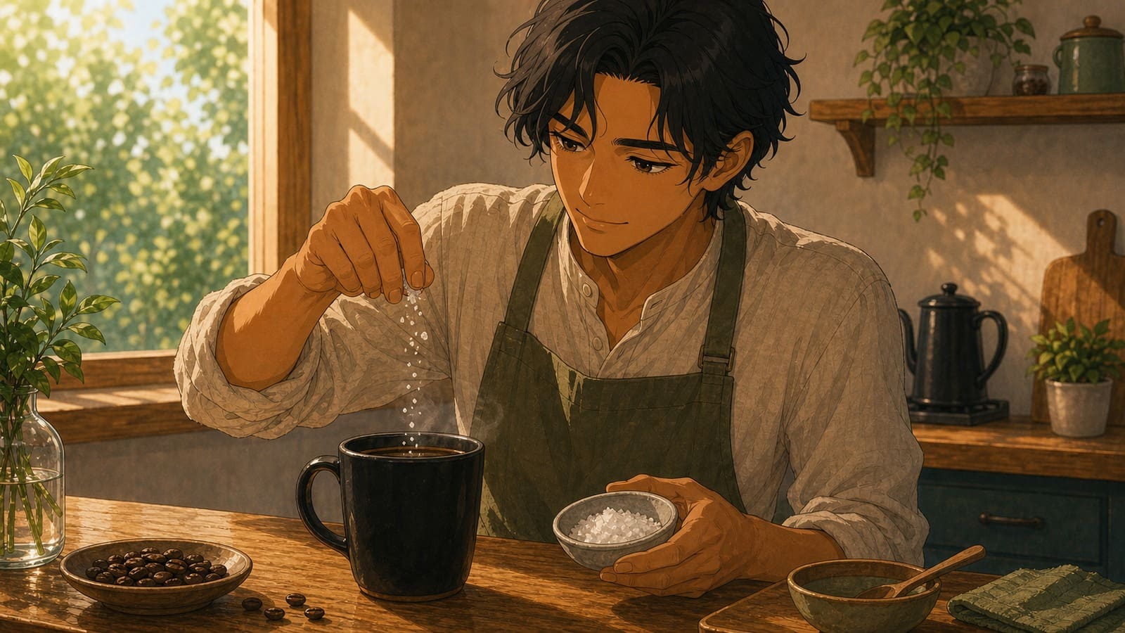 Cozy anime illustration of adding a pinch of sea salt to coffee