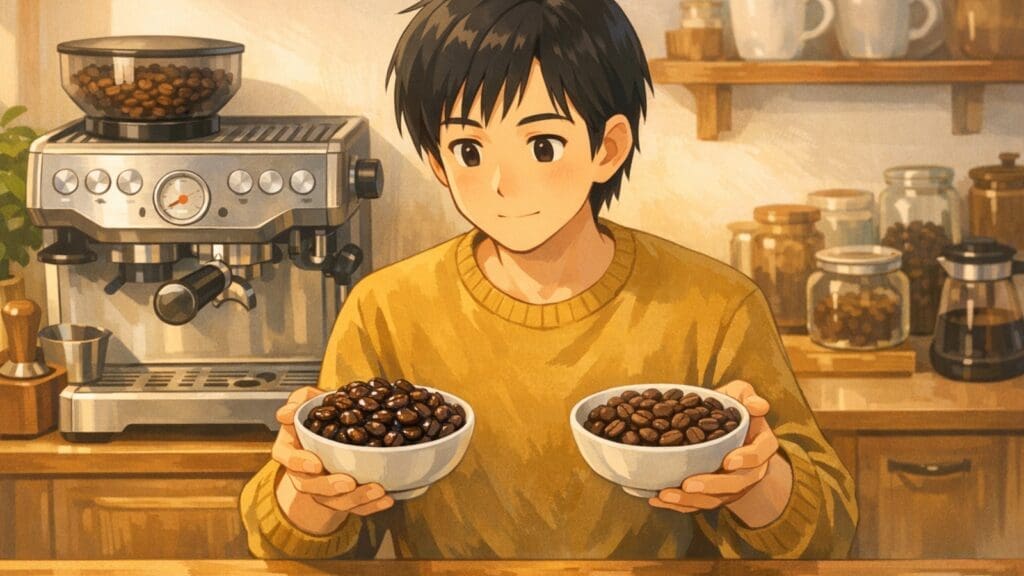 Cozy anime illustration comparing oily and dry coffee beans for a home espresso machine