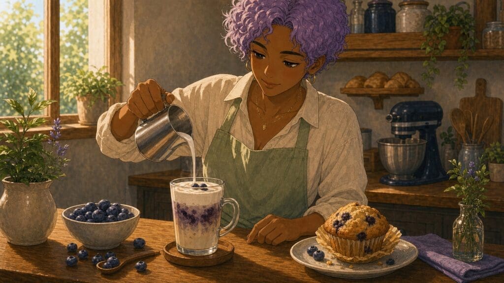 Cozy anime illustration of a blueberry muffin latte with berries