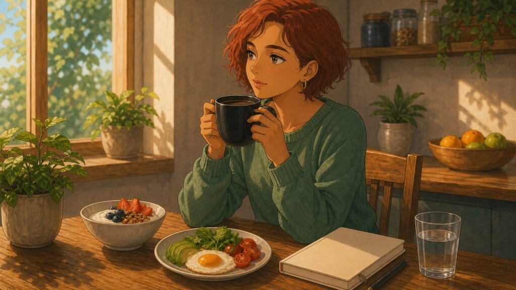 Cozy anime illustration of black coffee in a structured eating routine