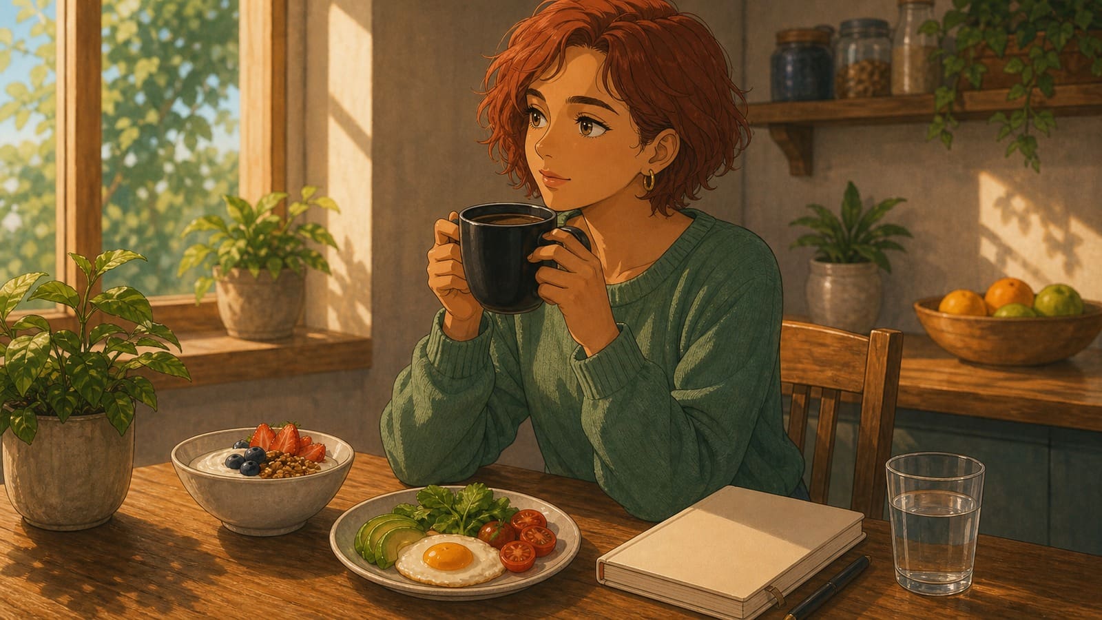 Cozy anime illustration of black coffee in a structured eating routine